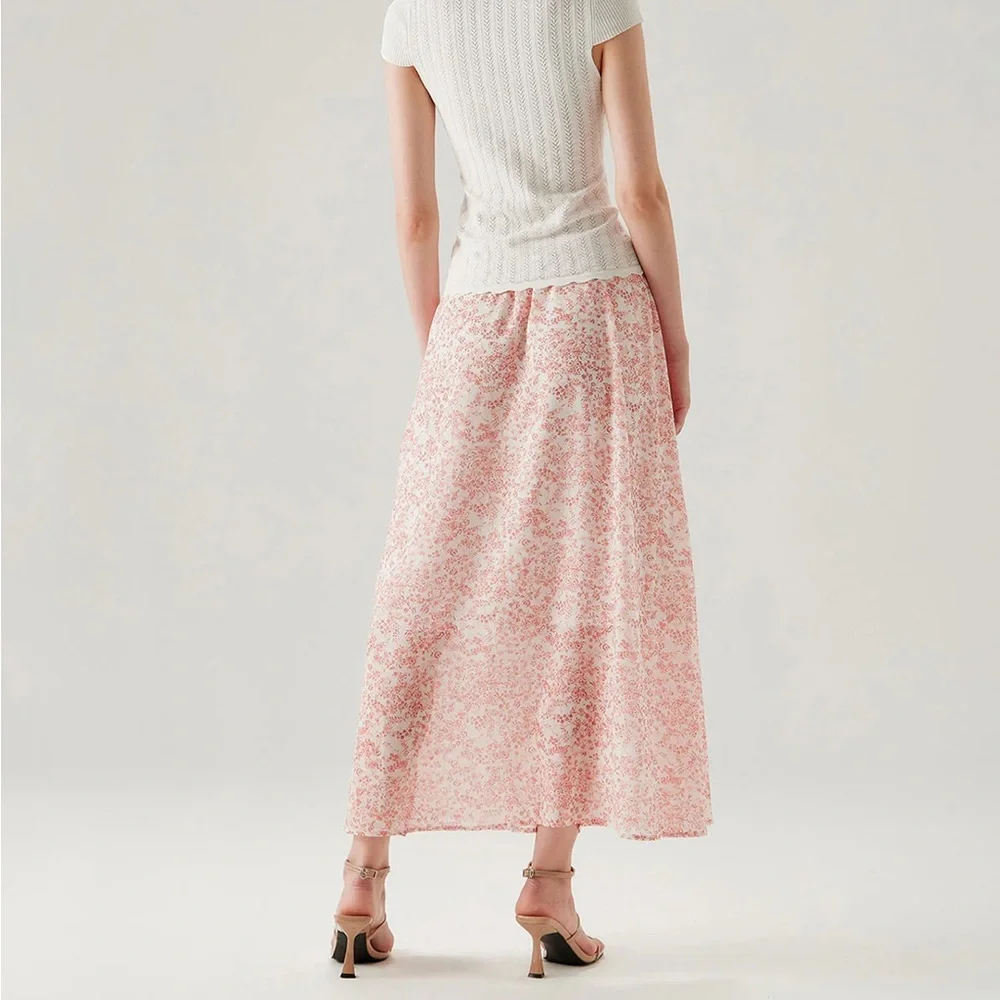 Rihoas Pink Floral Elastic Waist Flared Skirt - Picture 3 of 8